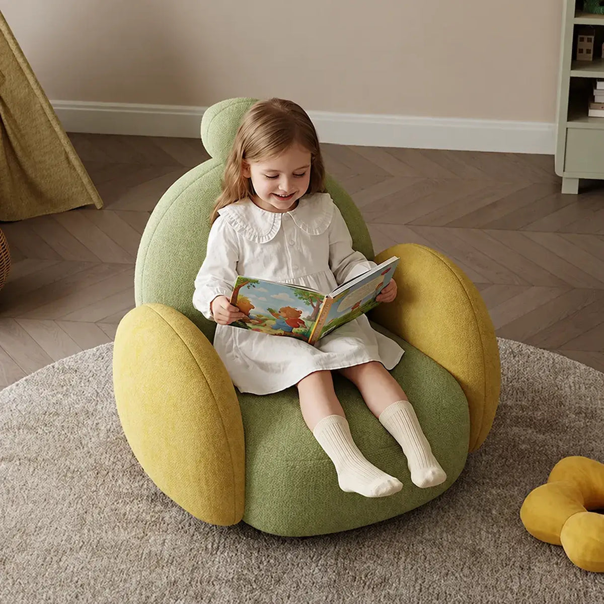 Kids Sculptural Boucle Reading Chair with Rounded Cocoon Form