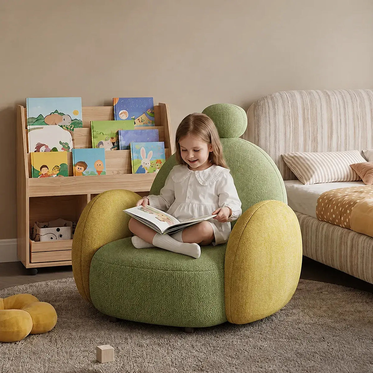 Kids Sculptural Boucle Reading Chair with Rounded Cocoon Form
