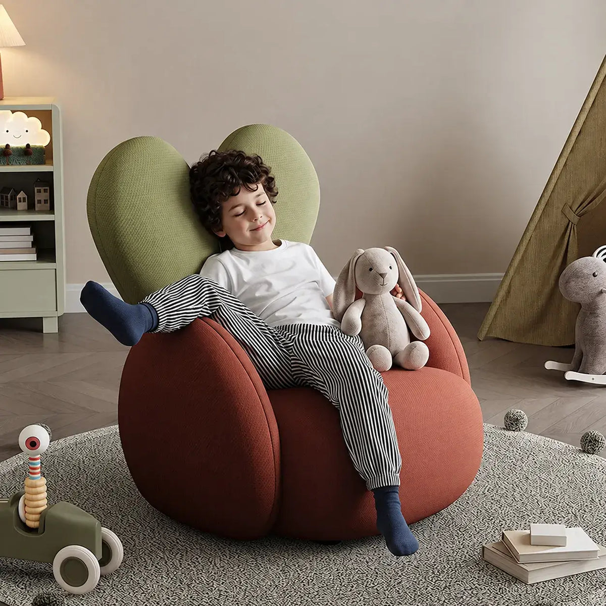 Kids Velvet Bunny Accent Sofa Chair with Rounded Arms for Reading Nooks