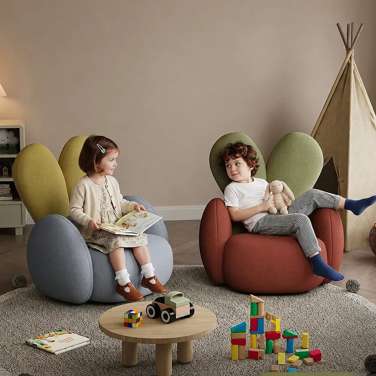 Kids Velvet Bunny Accent Sofa Chair with Rounded Arms for Reading Nooks