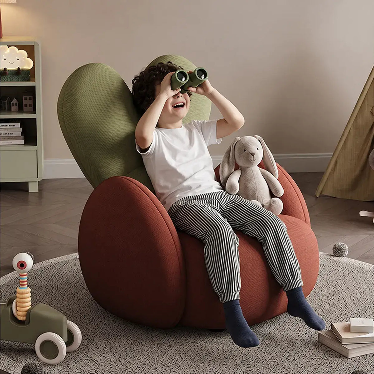 Kids Velvet Bunny Accent Sofa Chair with Rounded Arms for Reading Nooks