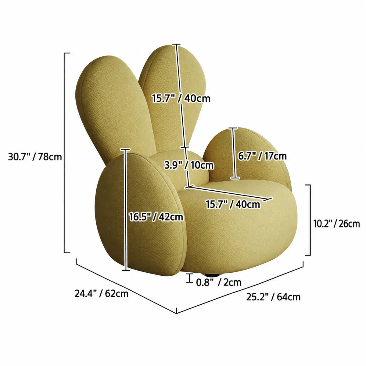 Kids Velvet Bunny Accent Sofa Chair with Rounded Arms for Reading Nooks Dimensions