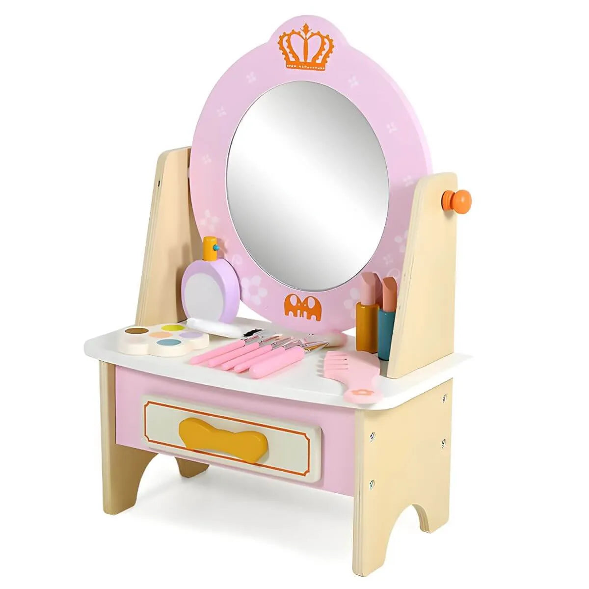 Kids Wood Makeup Vanity Set with Mirror and Toy Accessories