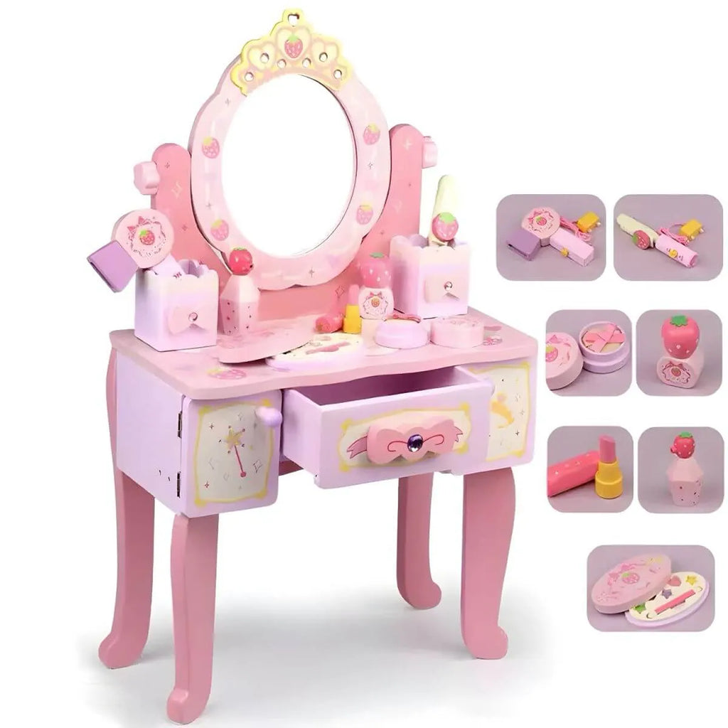 Kids Wood Makeup Vanity Set with Mirror and Toy Accessories