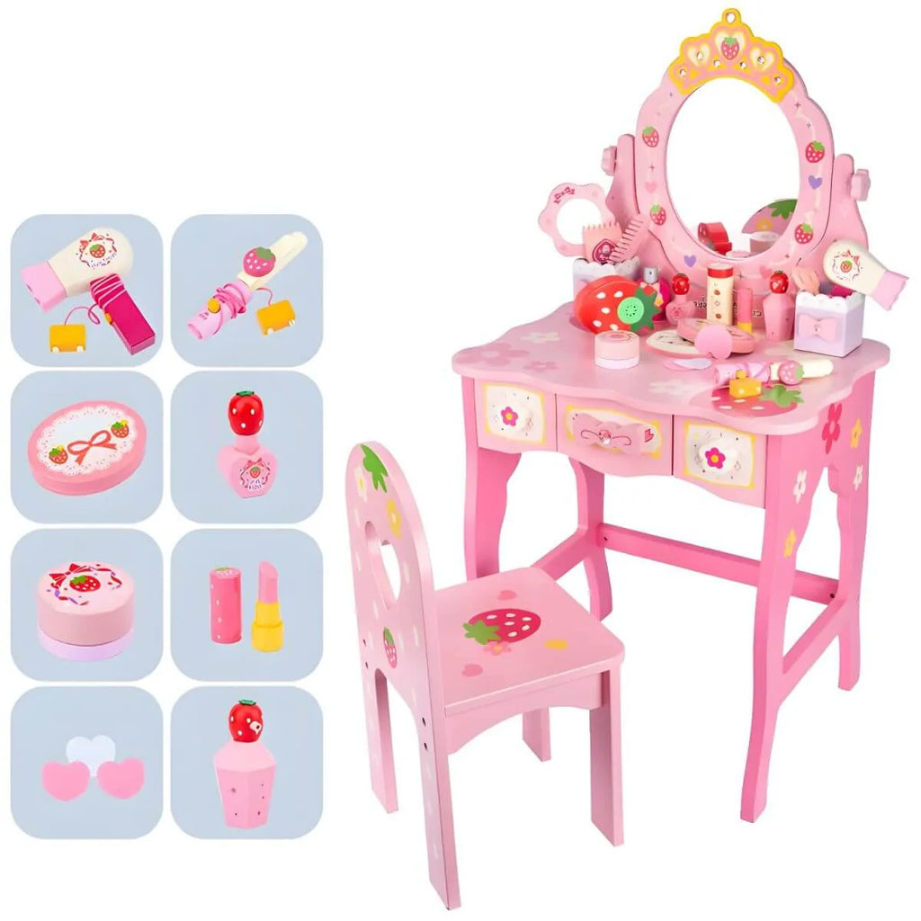 Kids Wood Makeup Vanity Set with Mirror and Toy Accessories