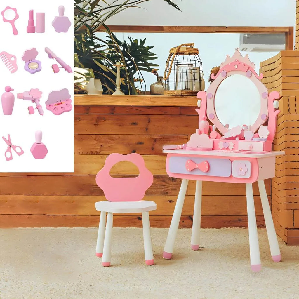Kids Wood Makeup Vanity Set with Mirror and Toy Accessories