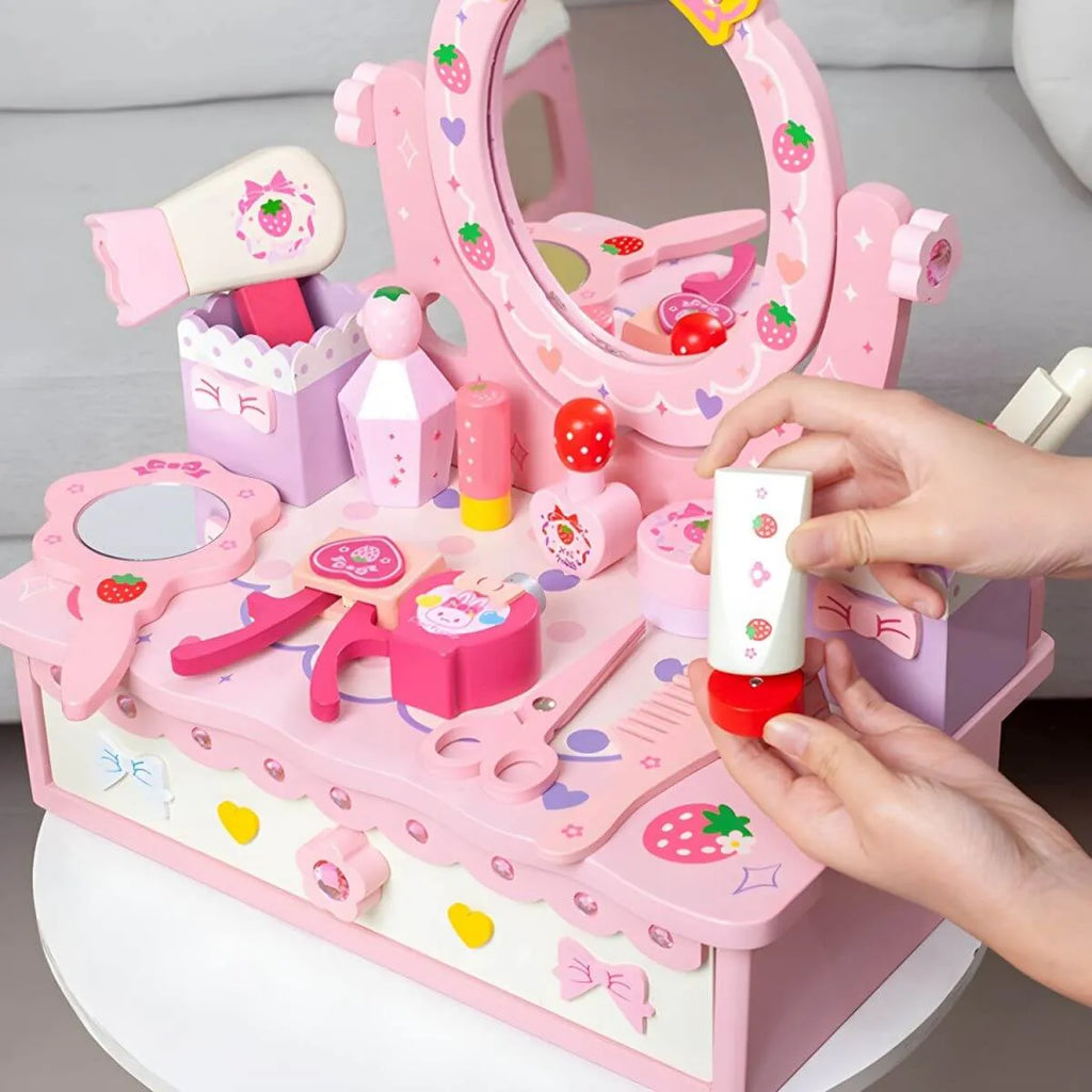 Kids Wood Makeup Vanity Set with Mirror and Toy Accessories