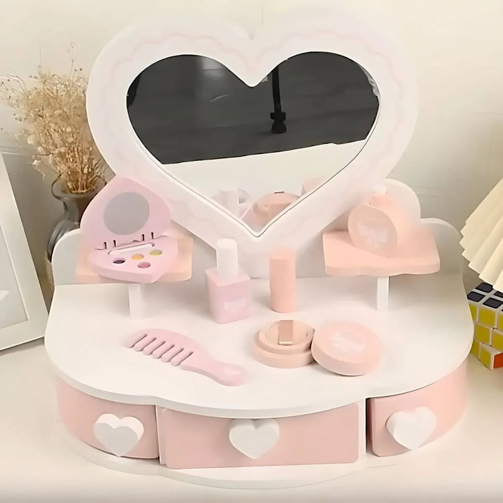 Kids Wood Makeup Vanity Set with Mirror and Toy Accessories