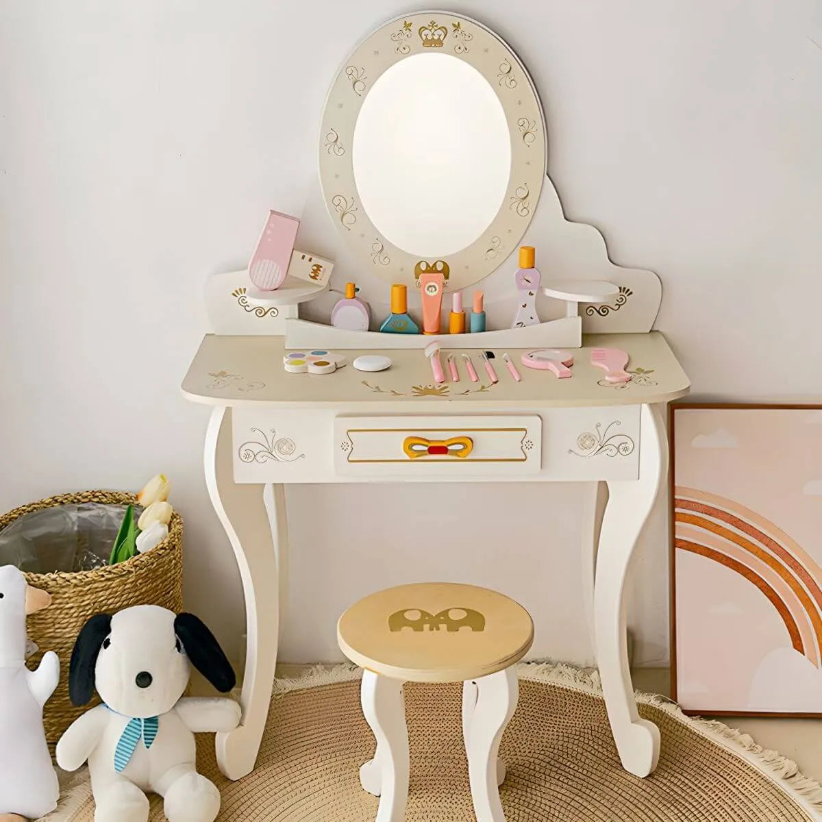 Kids Wood Makeup Vanity Set with Mirror and Toy Accessories Image secondaire du produit