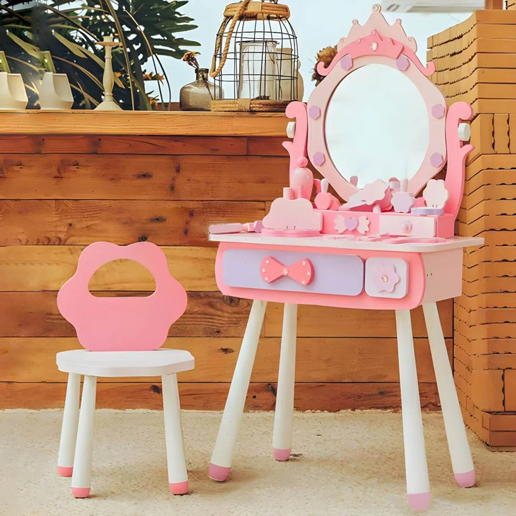 Kids Wood Makeup Vanity Set with Mirror and Toy Accessories