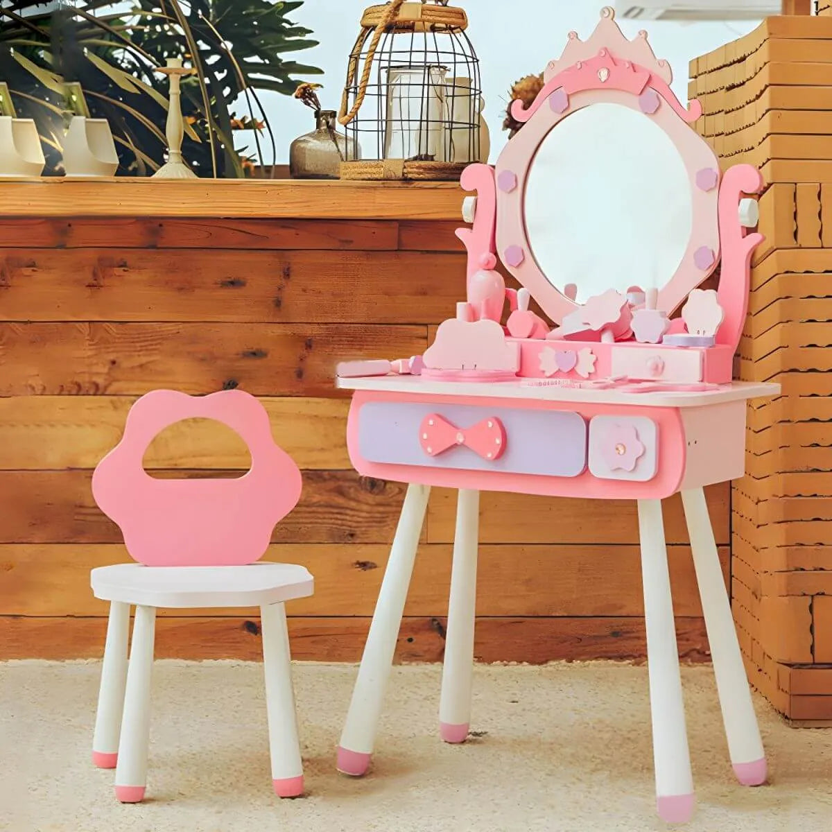 Kids Wood Makeup Vanity Set with Mirror and Toy Accessories