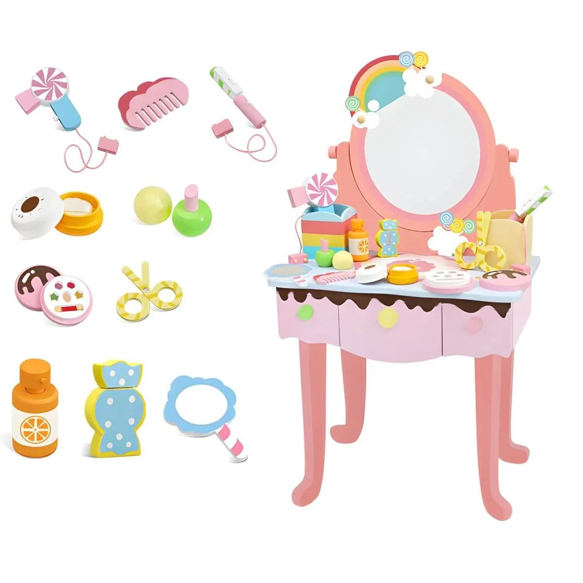 Kids Wood Makeup Vanity Set with Mirror and Toy Accessories