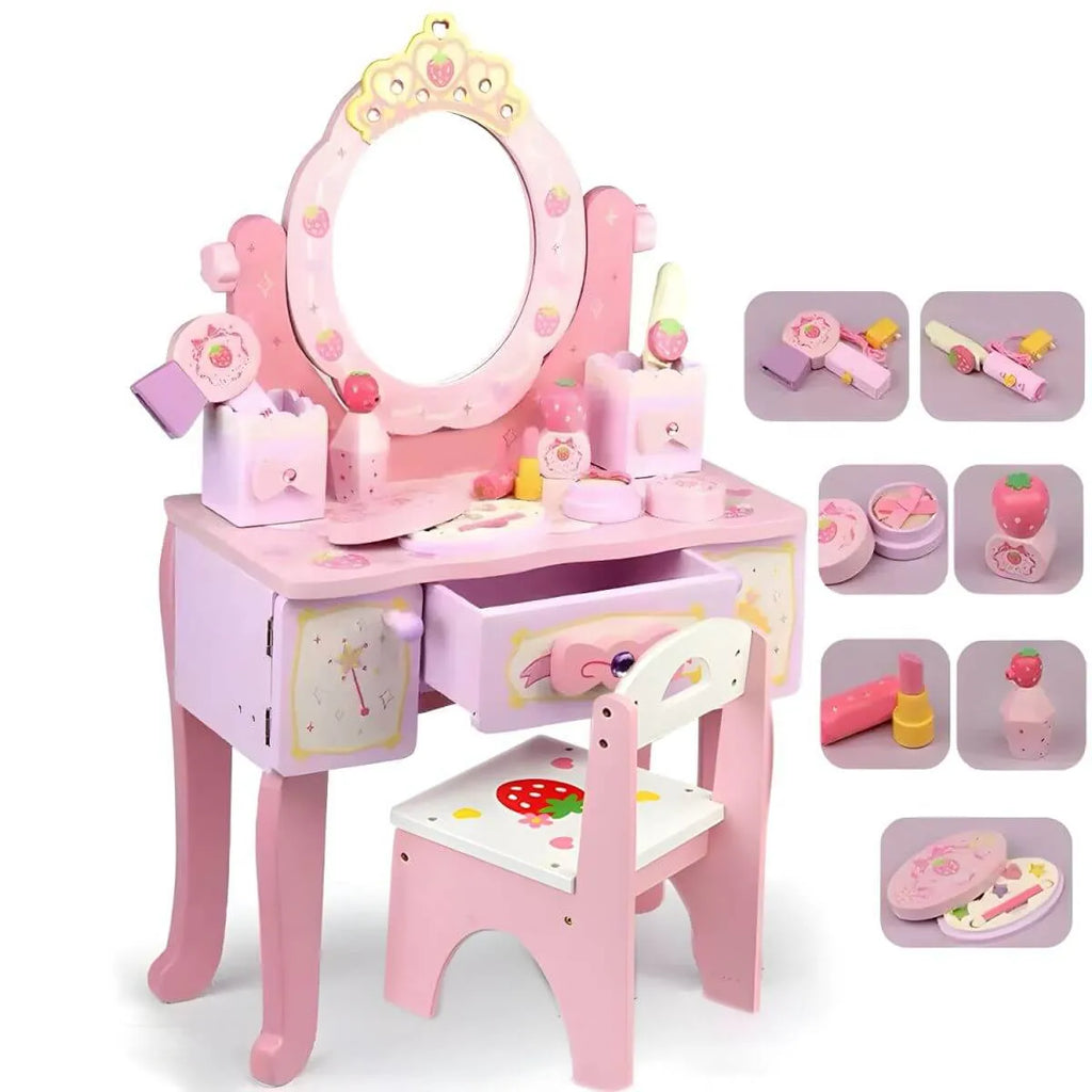 Kids Wood Makeup Vanity Set with Mirror and Toy Accessories