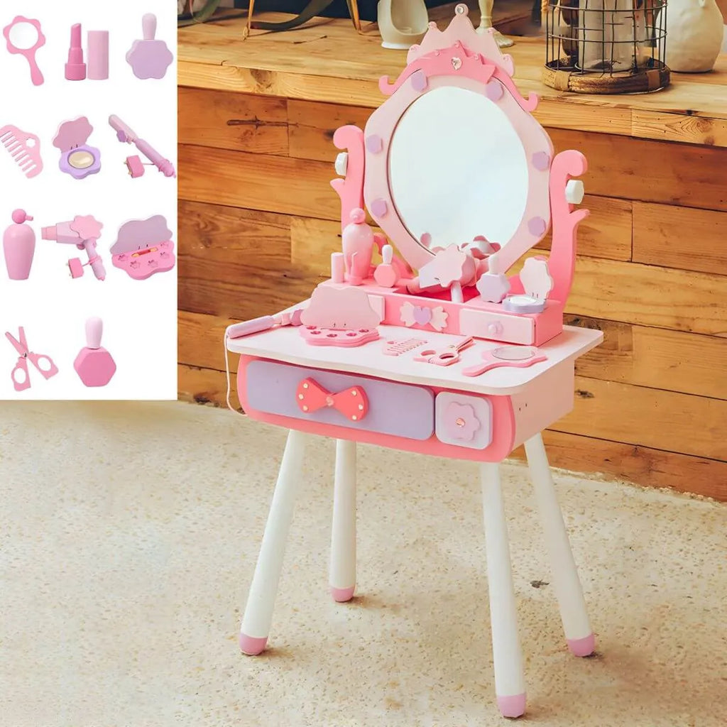 Kids Wood Makeup Vanity Set with Mirror and Toy Accessories