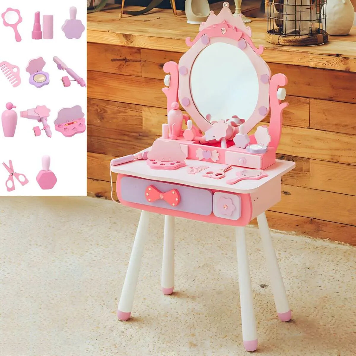 Kids Wood Makeup Vanity Set with Mirror and Toy Accessories