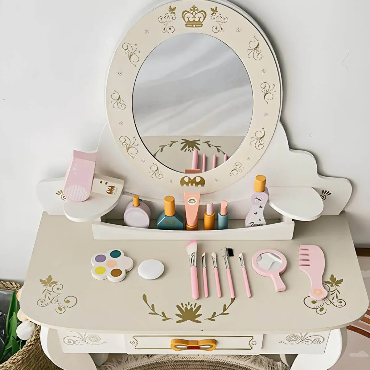 Kids Wood Makeup Vanity Set with Mirror and Toy Accessories