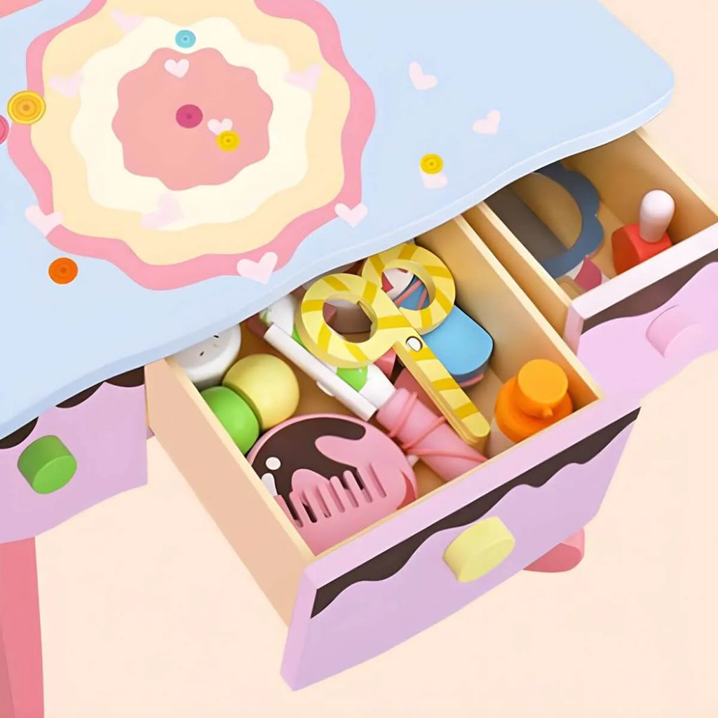 Kids Wood Makeup Vanity Set with Mirror and Toy Accessories