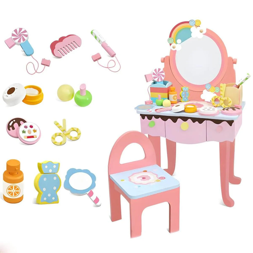 Kids Wood Makeup Vanity Set with Mirror and Toy Accessories