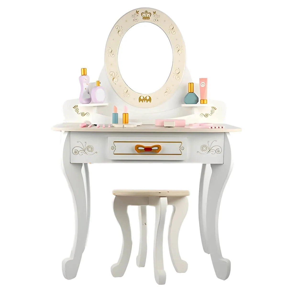 Kids Wood Makeup Vanity Set with Mirror and Toy Accessories