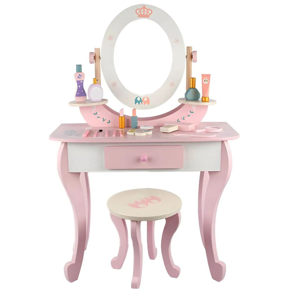 Kids Wood Makeup Vanity Set with Mirror and Toy Accessories