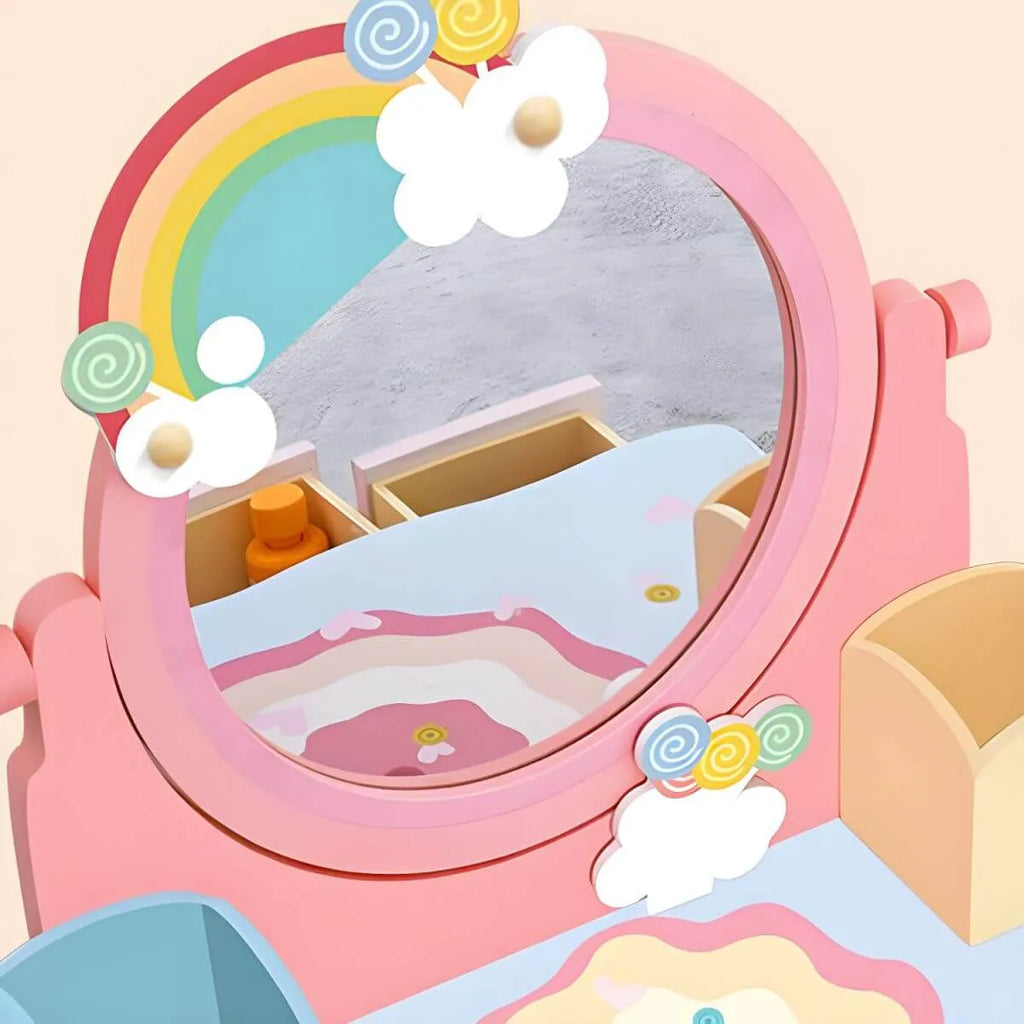 Kids Wood Makeup Vanity Set with Mirror and Toy Accessories