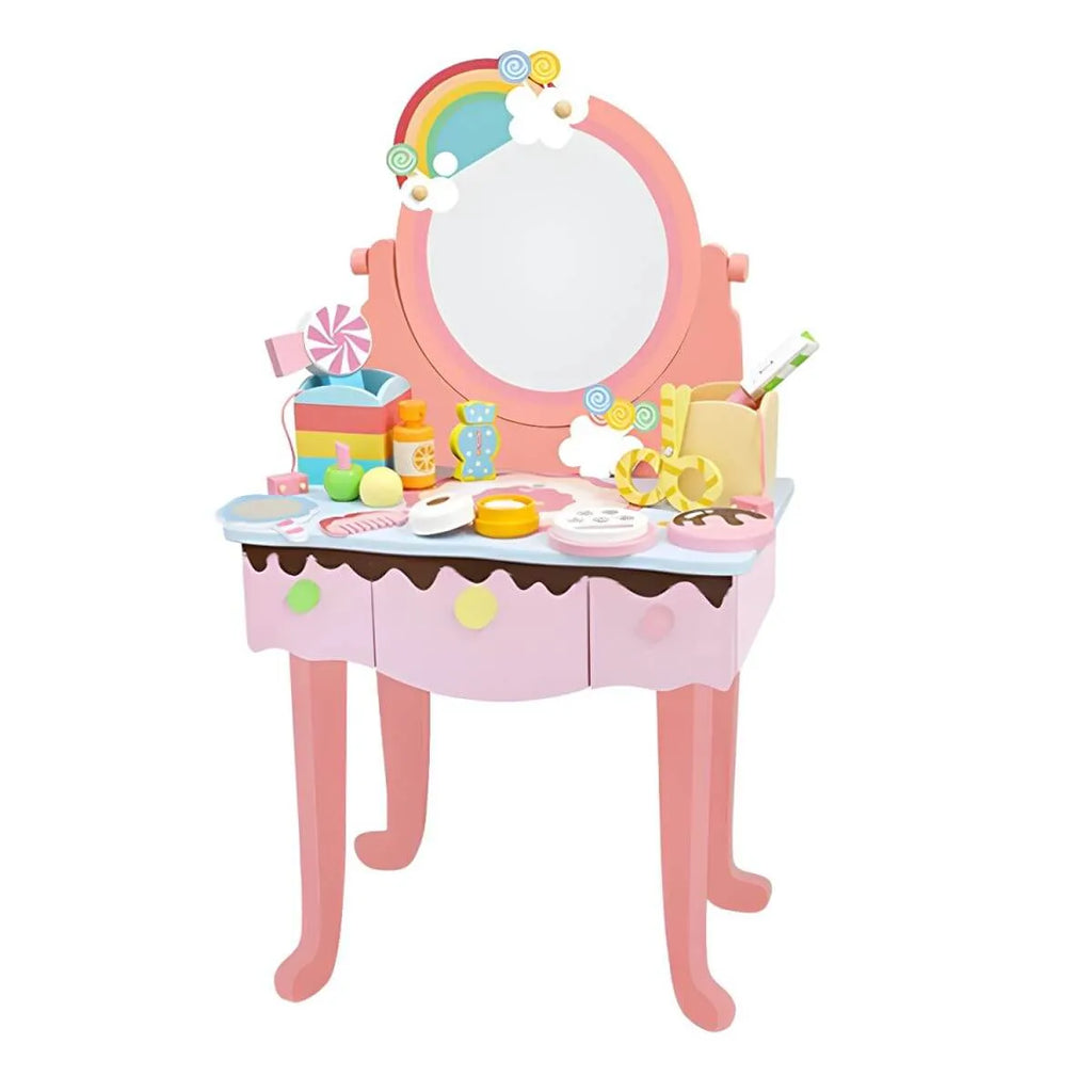 Kids Wood Makeup Vanity Set with Mirror and Toy Accessories