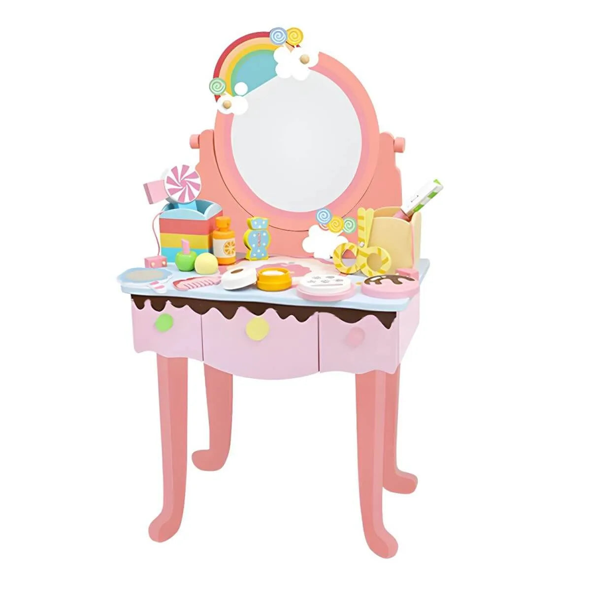 Kids Wood Makeup Vanity Set with Mirror and Toy Accessories