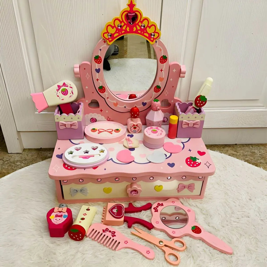 Kids Wood Makeup Vanity Set with Mirror and Toy Accessories