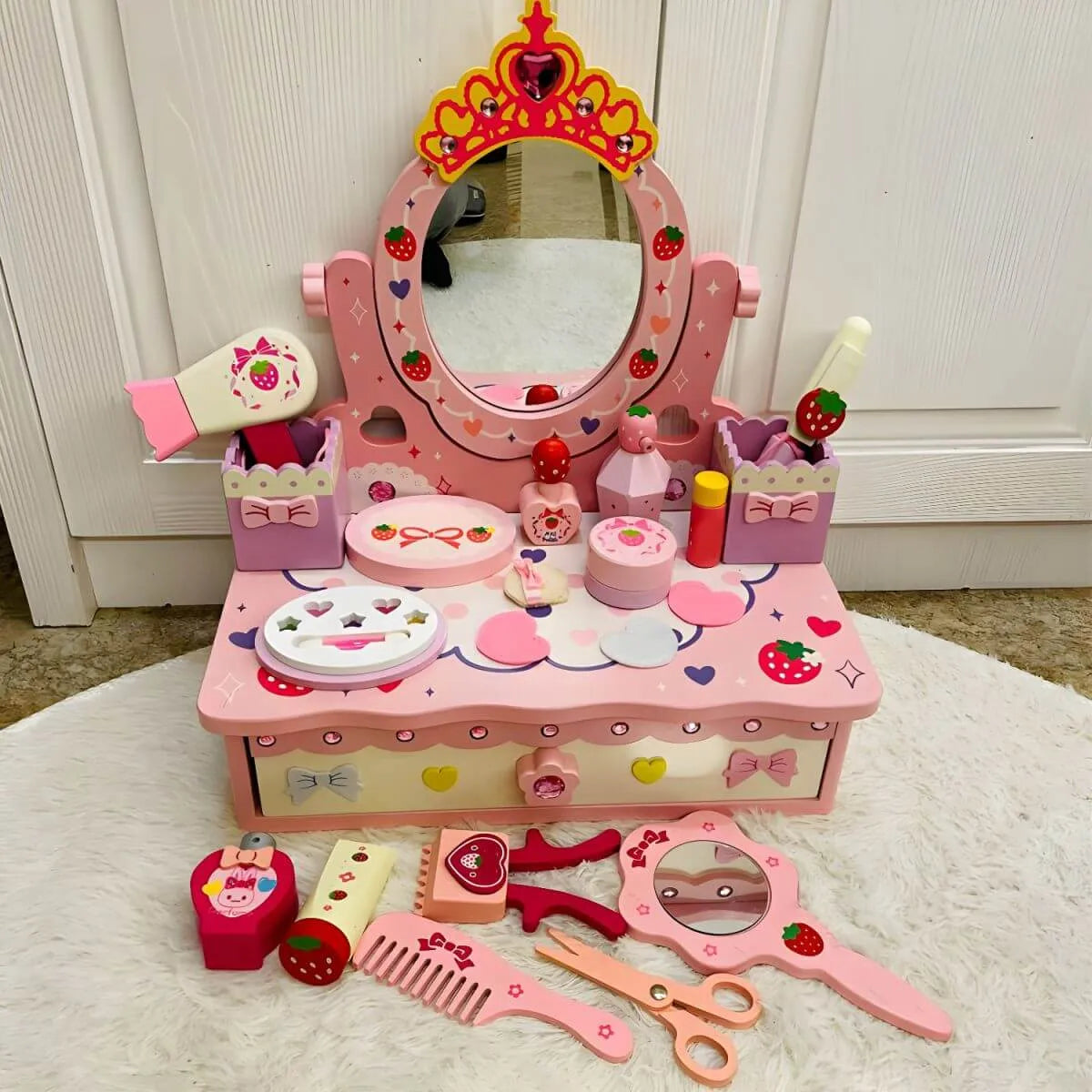 Kids Wood Makeup Vanity Set with Mirror and Toy Accessories