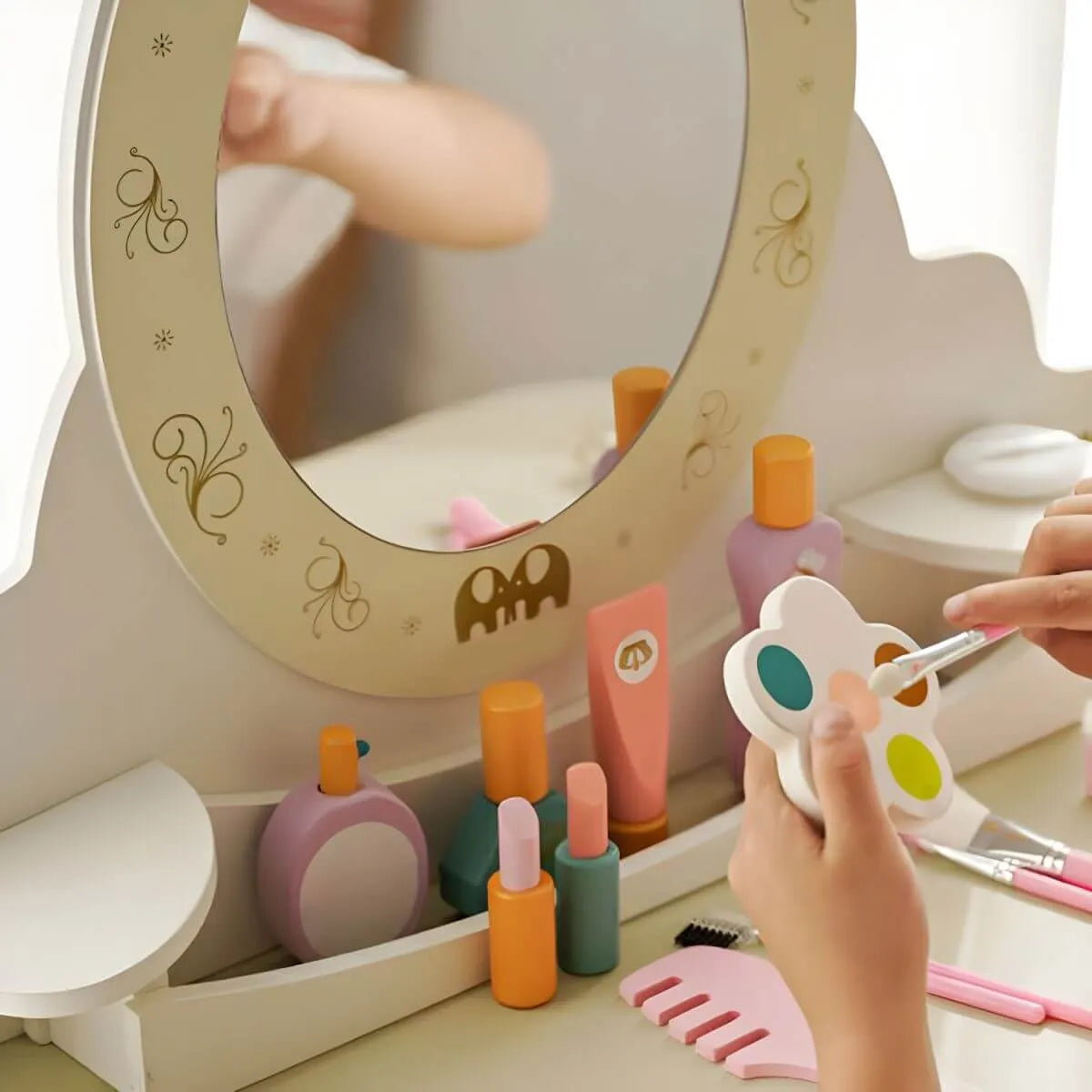 Kids Wood Makeup Vanity Set with Mirror and Toy Accessories