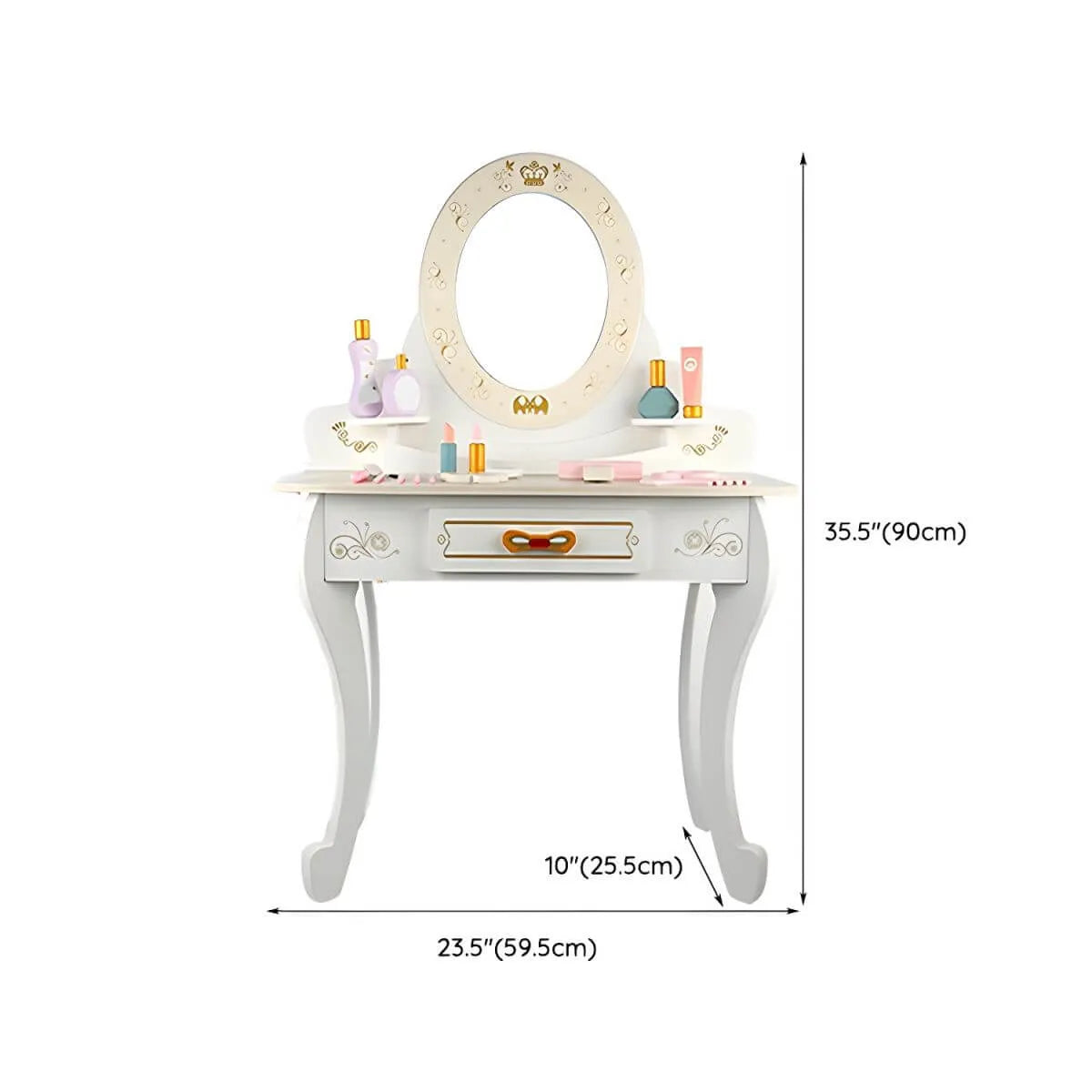 Kids Wood Makeup Vanity Set with Mirror and Toy Accessories Dimensions