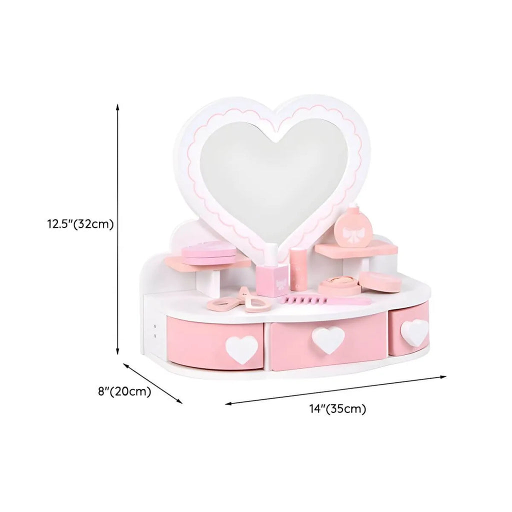 Kids Wood Makeup Vanity Set with Mirror and Toy Accessories Dimensions