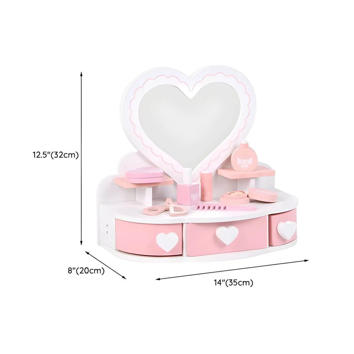 Kids Wood Makeup Vanity Set with Mirror and Toy Accessories Dimensions