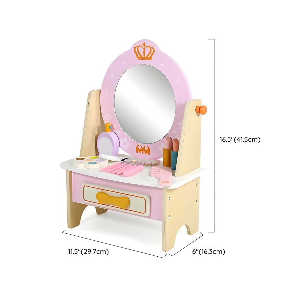 Kids Wood Makeup Vanity Set with Mirror and Toy Accessories Dimensions