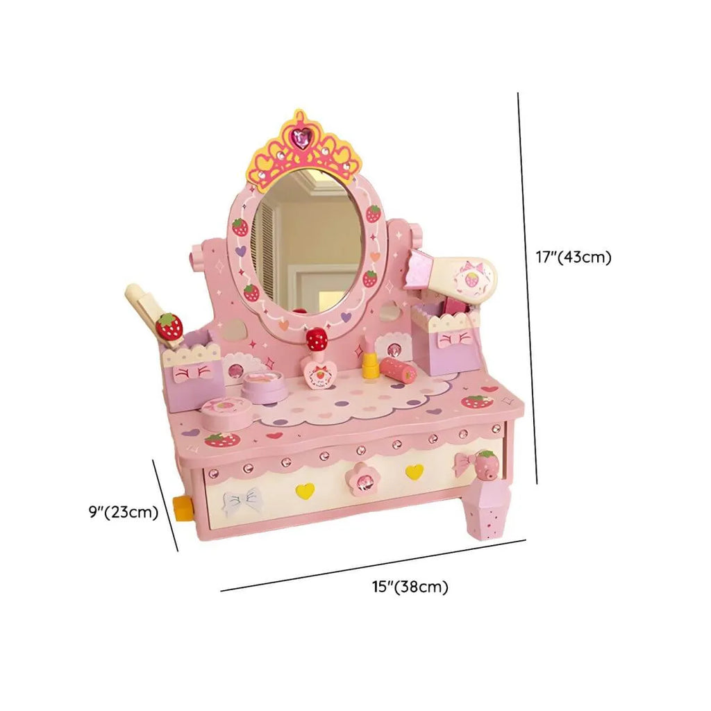 Kids Wood Makeup Vanity Set with Mirror and Toy Accessories Dimensions