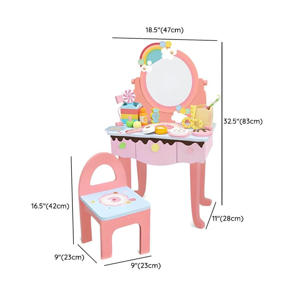 Kids Wood Makeup Vanity Set with Mirror and Toy Accessories Dimensions