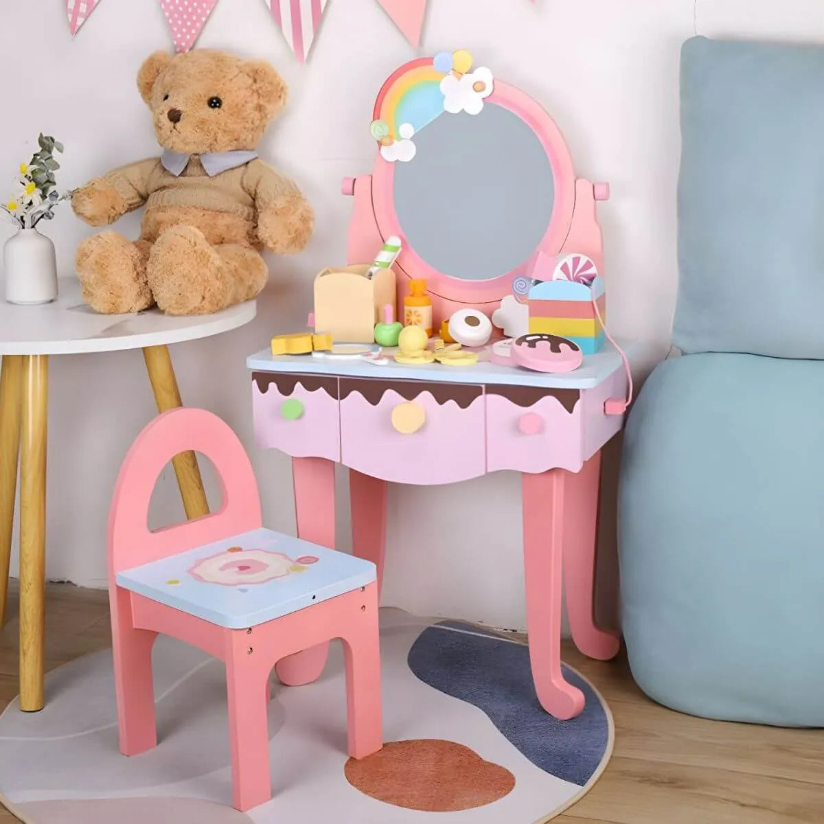 Kids Wood Makeup Vanity Set with Mirror and Toy Accessories Main Product Image Image principale du produit