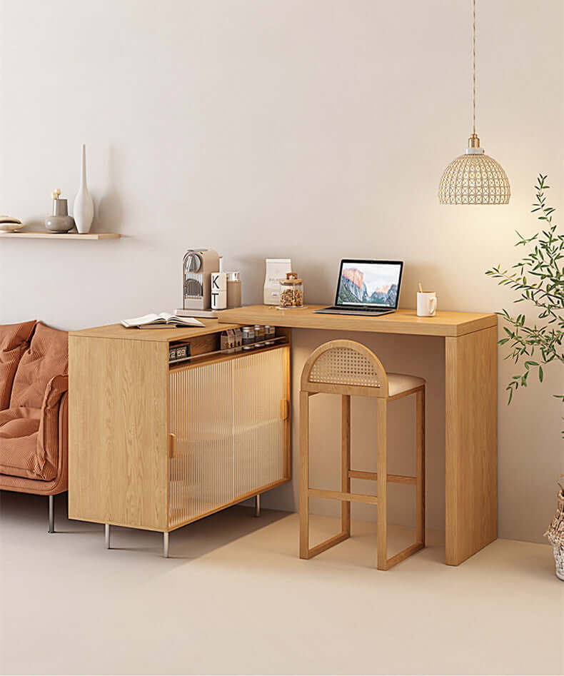 L-Shaped Bar Table With Wine Rack And Storage Cabinets