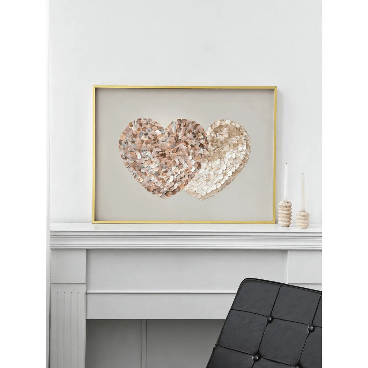 Layered Double Heart Mother of Pearl Wall Art with Gold Frame