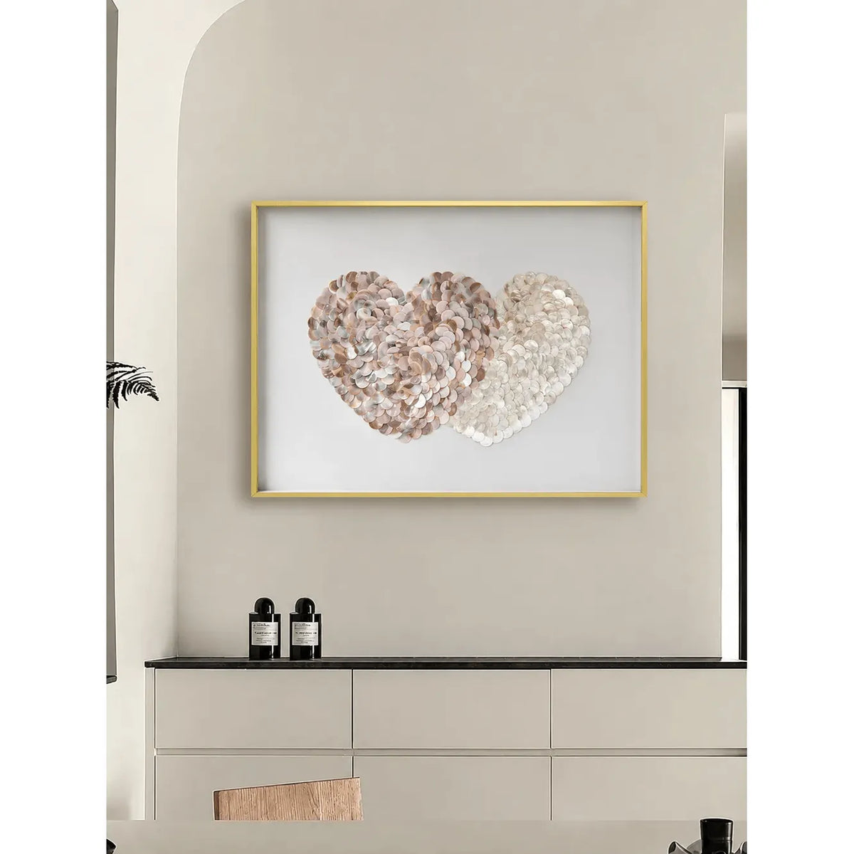 Layered Double Heart Mother of Pearl Wall Art with Gold Frame