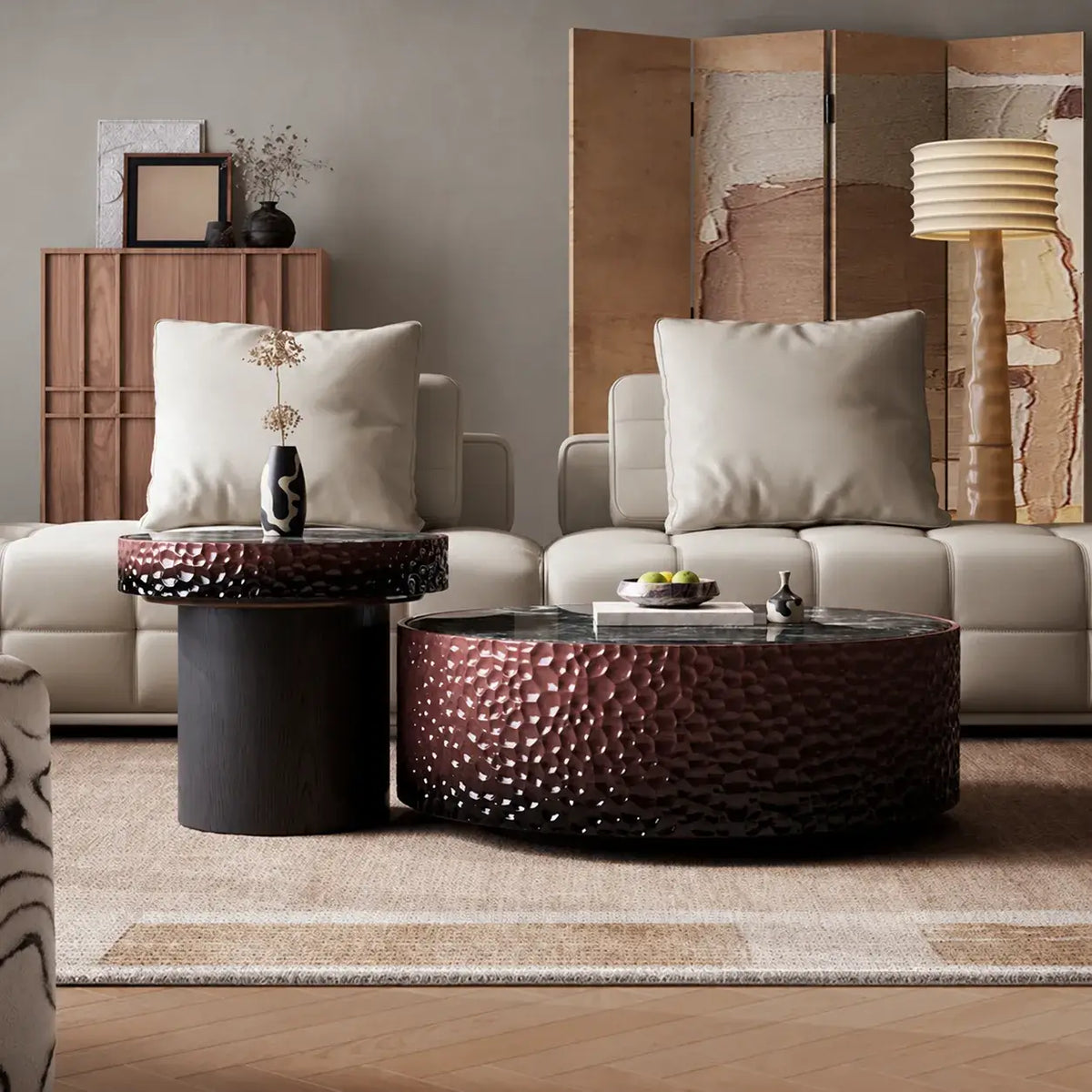 Layered Green Crystal Stone Coffee Table Set With Hammered Texture