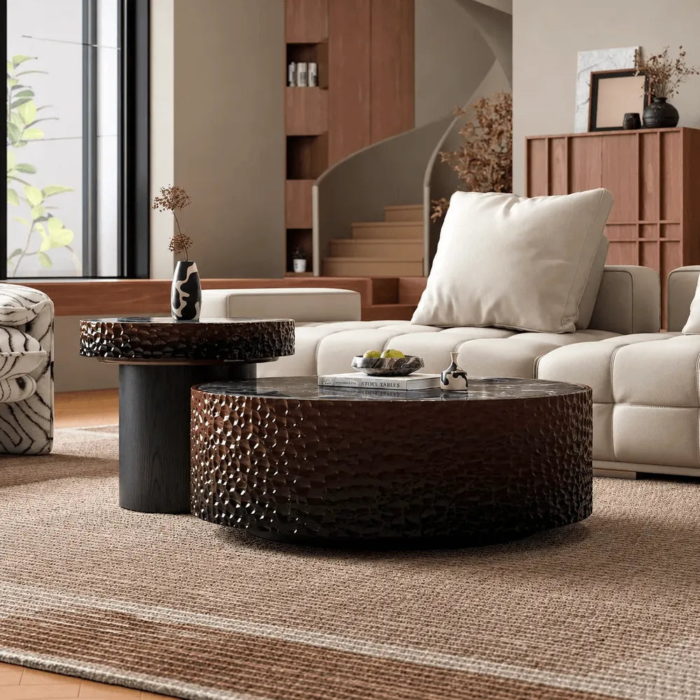 Layered Green Crystal Stone Coffee Table Set With Hammered Texture