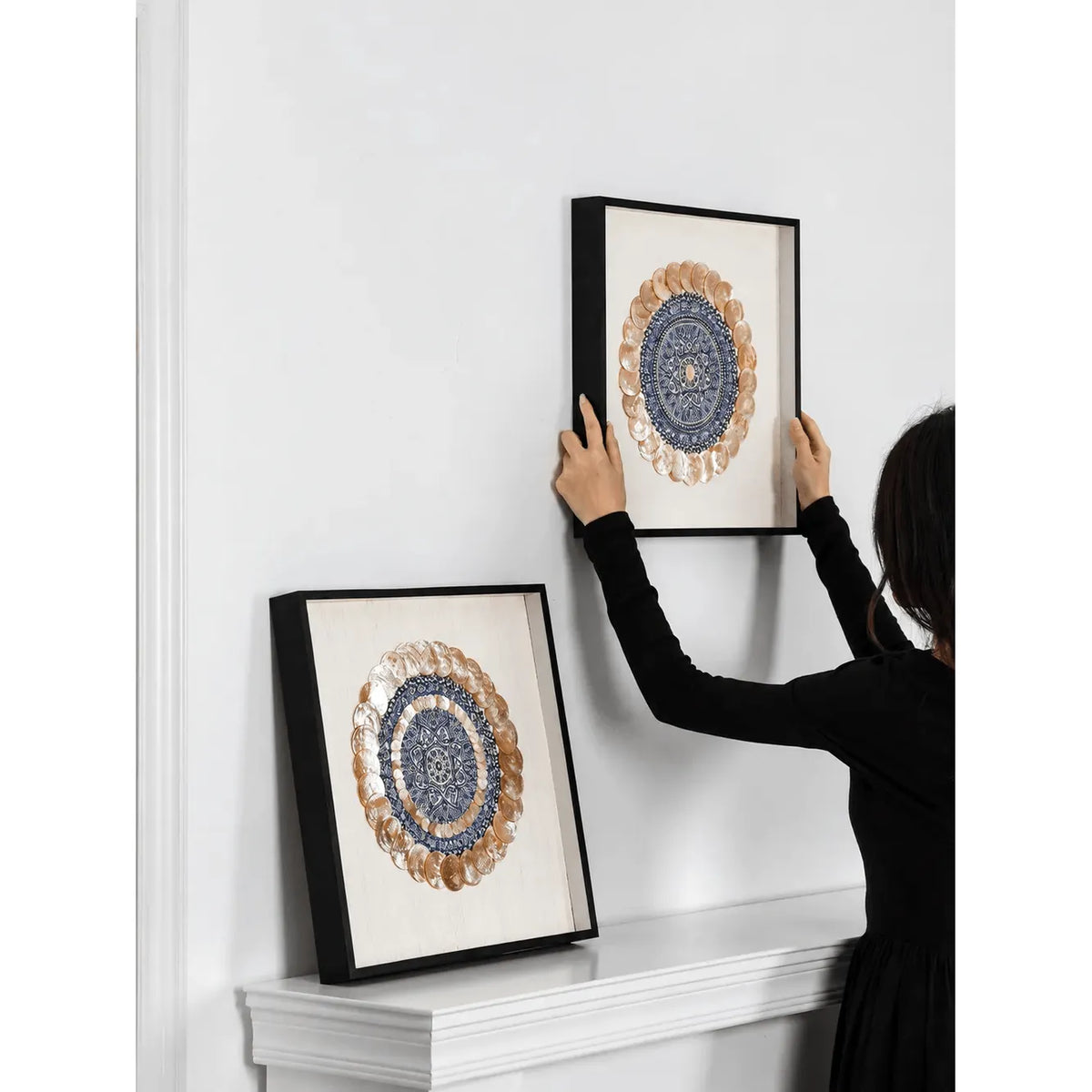 Layered Mother of Pearl Wall Art, Blue Motif Framed Handmade Series