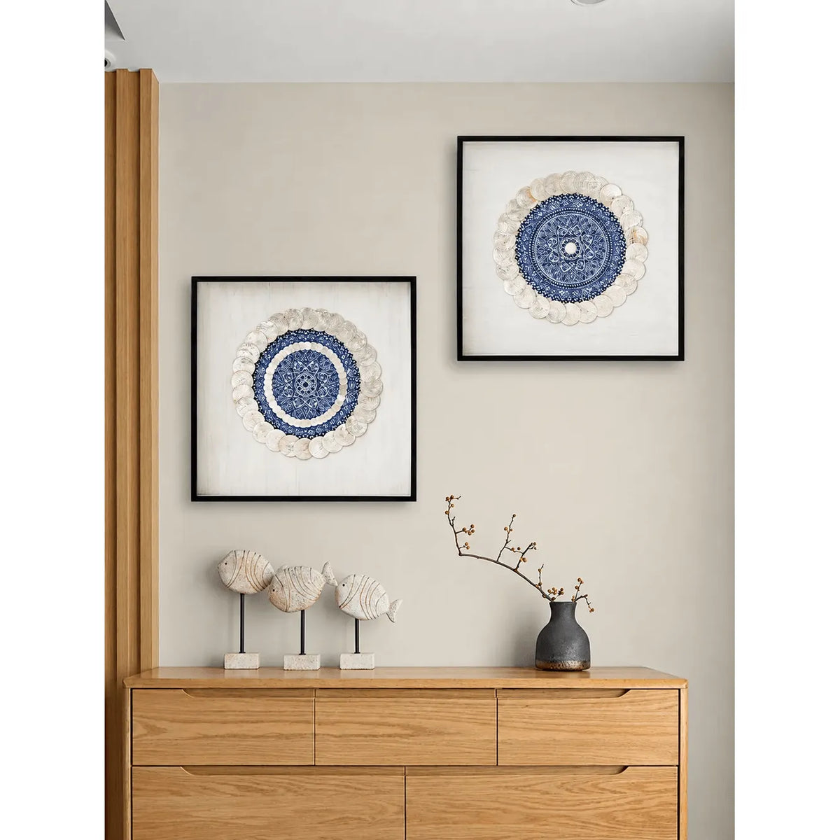 Layered Mother of Pearl Wall Art, Blue Motif Framed Handmade Series
