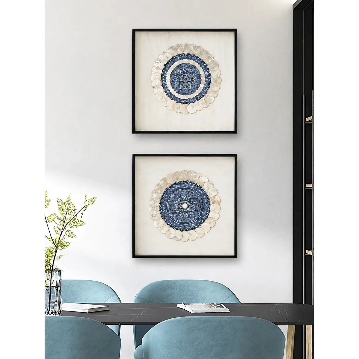 Layered Mother of Pearl Wall Art, Blue Motif Framed Handmade Series Main Product Image