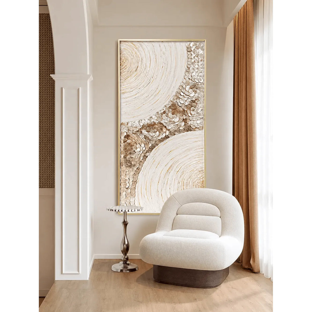 Layered Mother of Pearl Wall Art With Gold Swirl Texture for Hallways