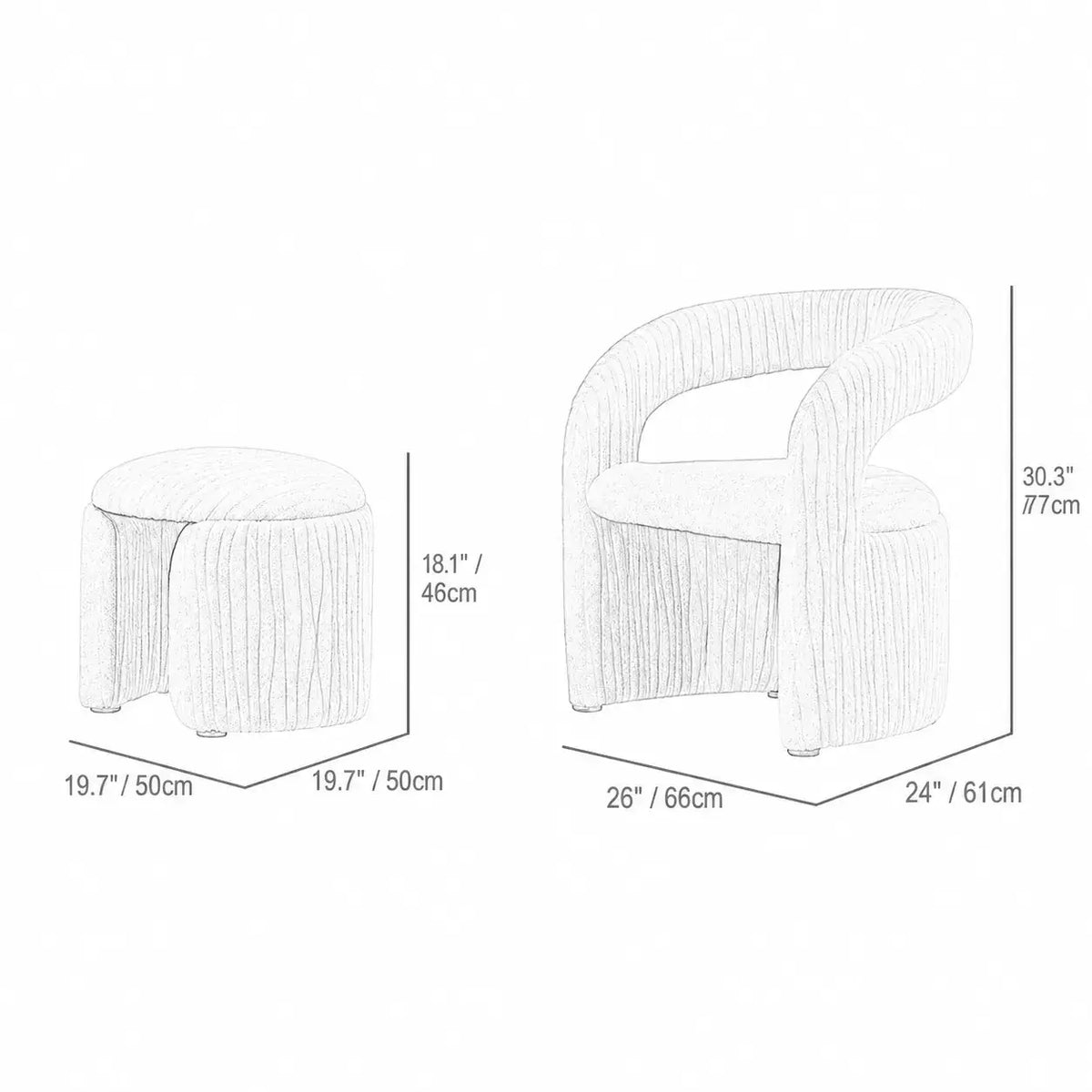 Leaf Sculptural Accent Chair and Ottoman Series, Curved Wood or Pleated Upholstery Dimensions
