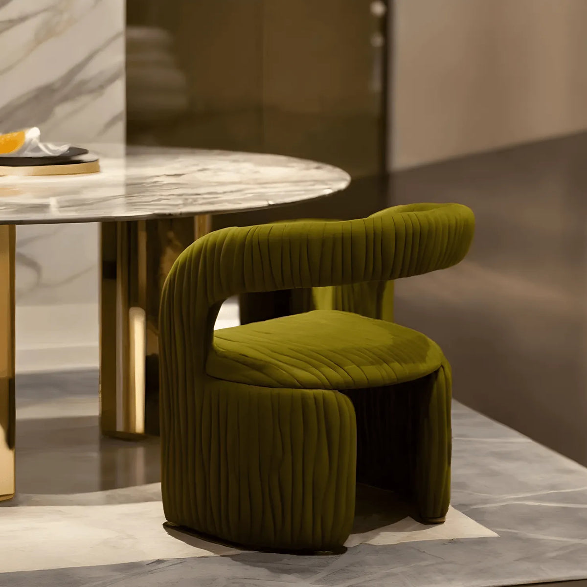 Leaf Sculptural Accent Chair and Ottoman Series, Curved Wood or Pleated Upholstery