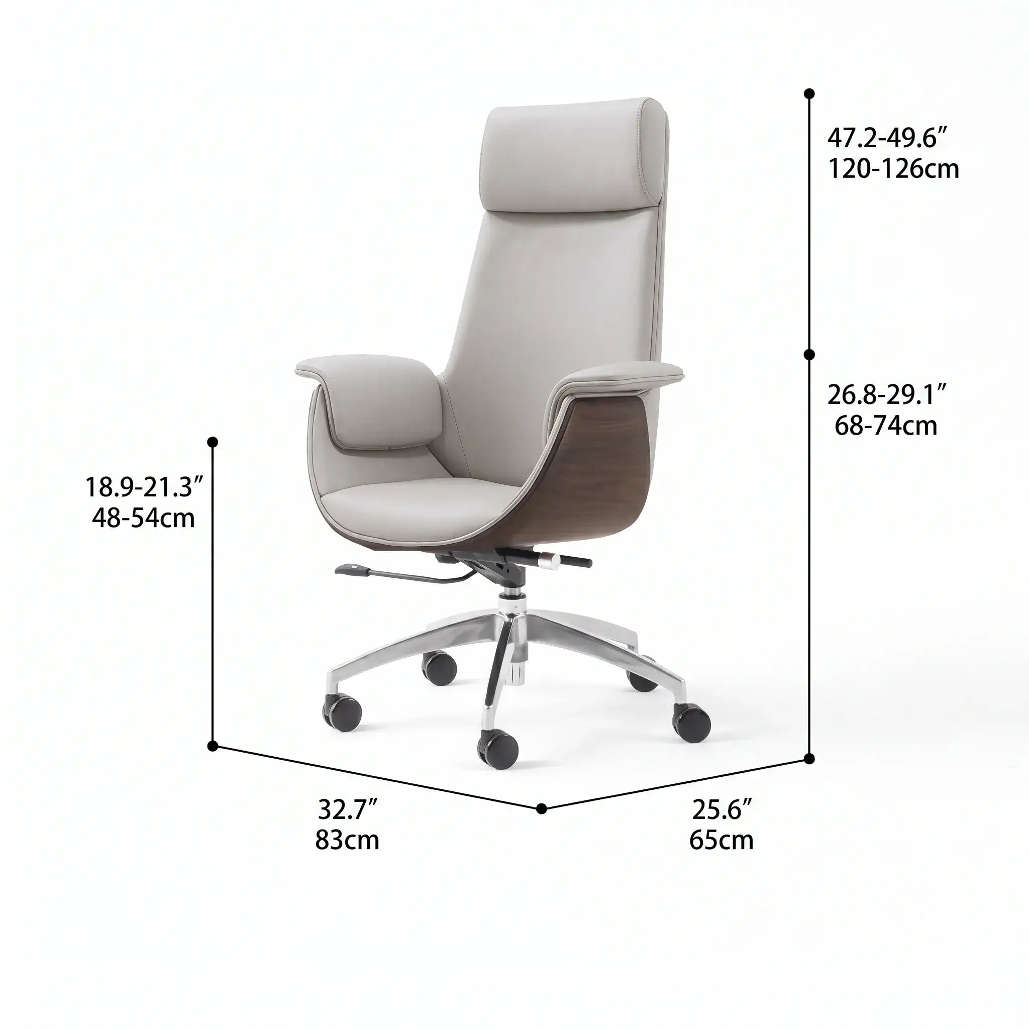 Leather Office Chair Series with Sculpted Arms, High-Back and Swivel Options Dimensions