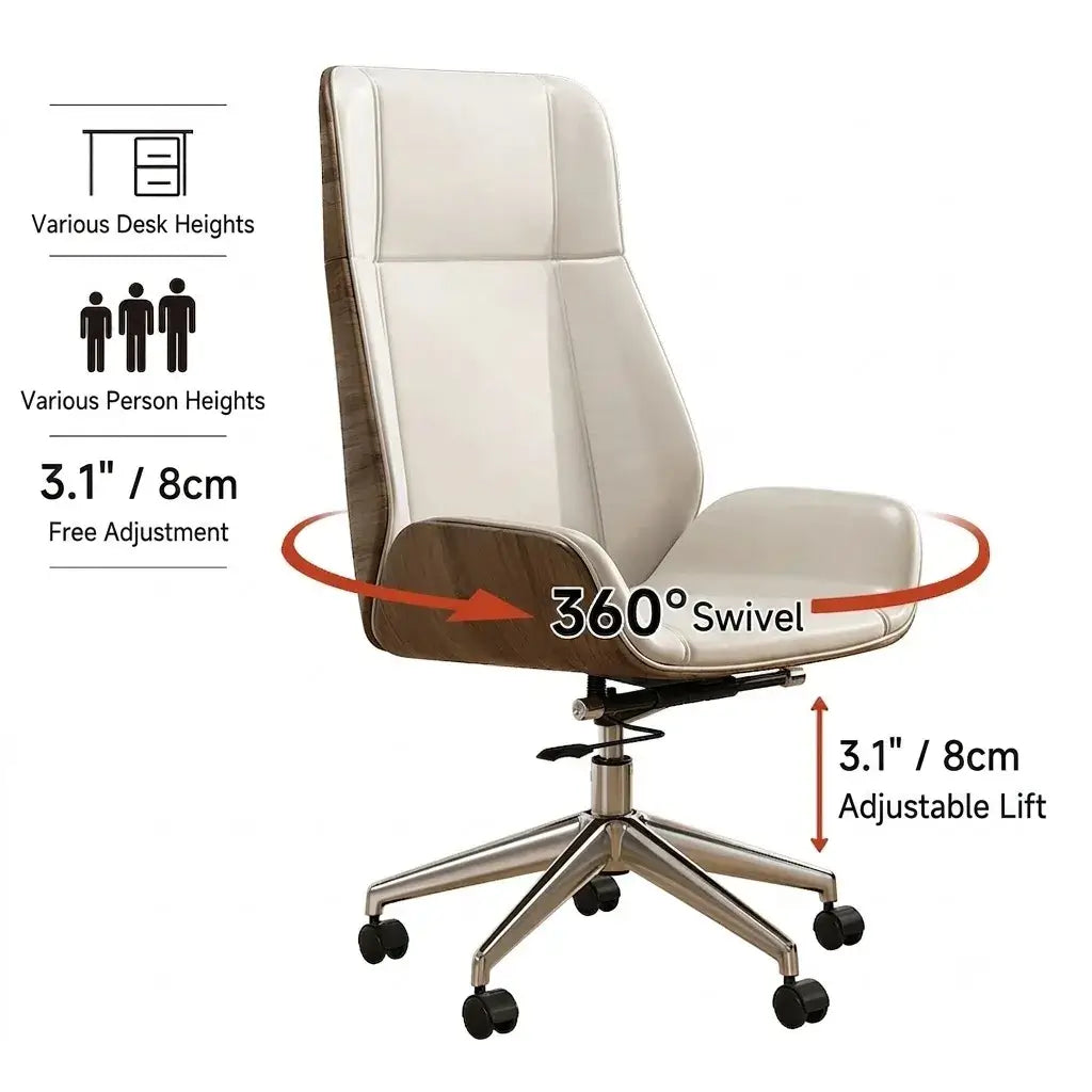 Leather Office Chair with Walnut Wood Trim, Reclining High or Low Back